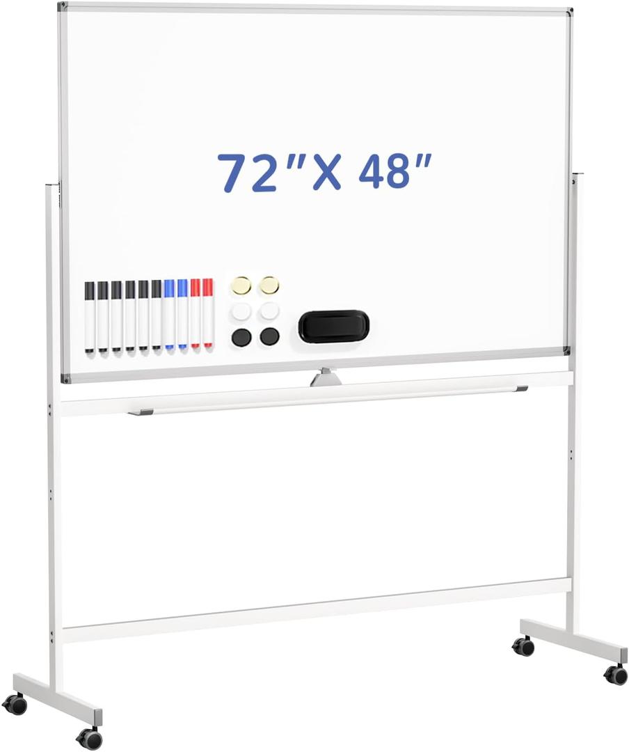 Lumspax Rolling White Board on Wheels, 72" x 48" Double Side Magnetic Dry Erase Board with Stand, Aluminum Alloy Standing Whiteboard for Home, Office, Class