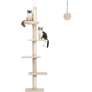 PETEPELA Floor to Ceiling Cat Tree, Cat Tower 5-Tier Height(95-107 Inches) Adjustable, Tall Cat Climbing Tree Featuring with Scratching Post, Cozy Bed,Interactive Ball Toy for Indoor Cats/Kitten Beige
