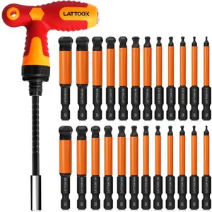 Ball End Hex Head Allen Wrench Drill Bit Set with T Handle Ratchet Driver, 24PCS Metric & SAE Ball End Hex Bit Set Allen Key Bit Set Hex Key Drill Bit Set with T Handle, S2 Steel, 2.5'' Long