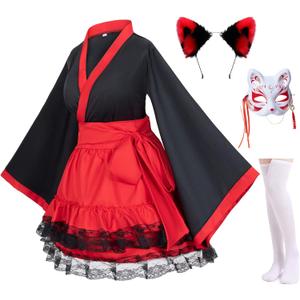 Japanese Anime red and White Kimono Fox Cosplay Costume with Socks (L (Asia XL))