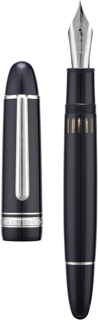 Yongsheng Junlai 930 Acrylic Fountain Pen, Size 9 Broad Nib with Piston Filling System, Piano Black Fence Ink Tank with Torpedo Shape Design Large Hand Pen (Silver Trim)