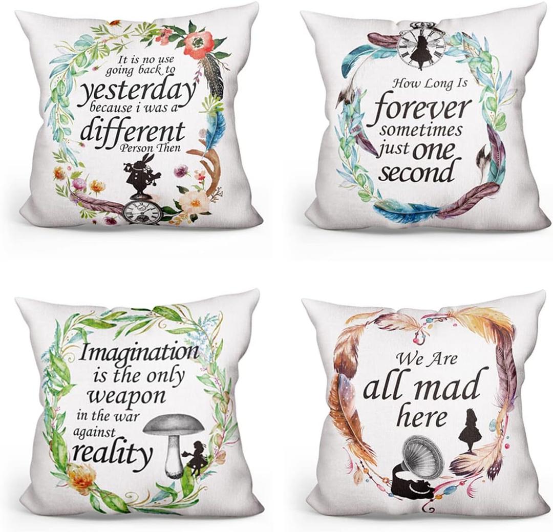 Alice in Wonderland Quote Throw Pillow Covers Set of 4 Cute Pillow Cases Linen Pillowcases Cushion Case Home Decor Gifts for Teens Women Friends - 18x18 Inch