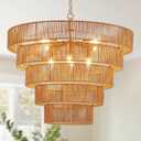 25.6" Large Rattan Gold Chandelier for Dining Room, Farmhouse 8-Lights Boho Hand-Woven Bamboo Chandelier, Drum Wicker Golden Chandeliers for Kitchen Island, Living Room, Bedroom