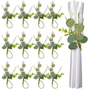 Napkin Rings Set of 12, Eucalyptus Leaf Napkin Rings for Dining Table Decoration, Flower Napkins Rings Holder with Pearl for Farmhouse, Wedding Banquet Family Spring Banquet