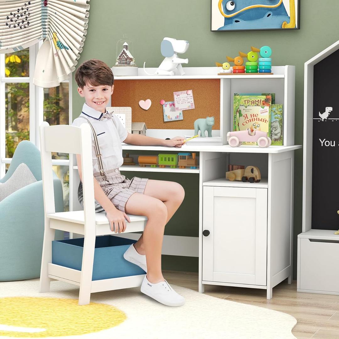 TaoHFE Kids Desk and Chair Set, Kids Desk Chair with Storage and Shelf, Wooden Kids Table and Chairs for Bedroom and Study, Craft Table with Storage Gifts for Boys, Girls to Study, White