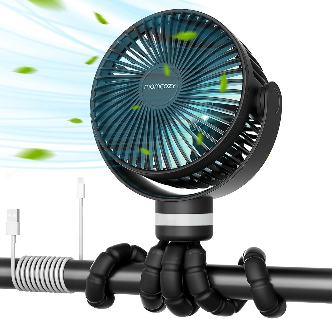 Momcozy 8000mAh Portable Stroller Fan | 27H Ultra-long Battery Life | Detachable 4 Speed 360Rotate | 2 Modes LED Night Light, USB Rechargeable Handheld Cooling Fan for Travel, Car Seat, Bedroom (Black)