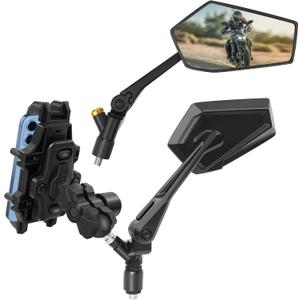 Motorcycle Mirrors for Handlebars with Phone Mount, ATV Mirrors, Bolt-On Rear View Mirrors for Motorcycle ATV Scooter Cruiser, Adjustable HD Rearview Compatible with Suzuki Yamaha Honda