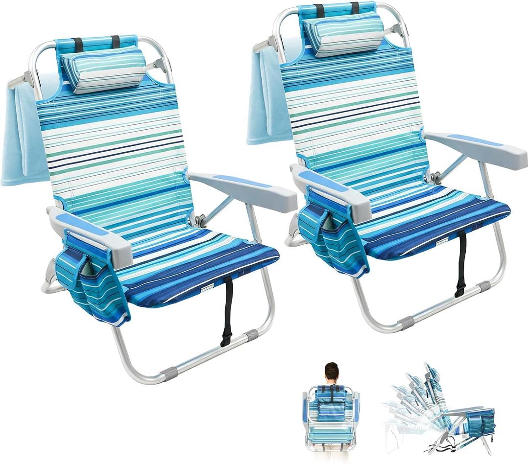 2 Pack Backpack Beach Chair for Adults Green Stripe