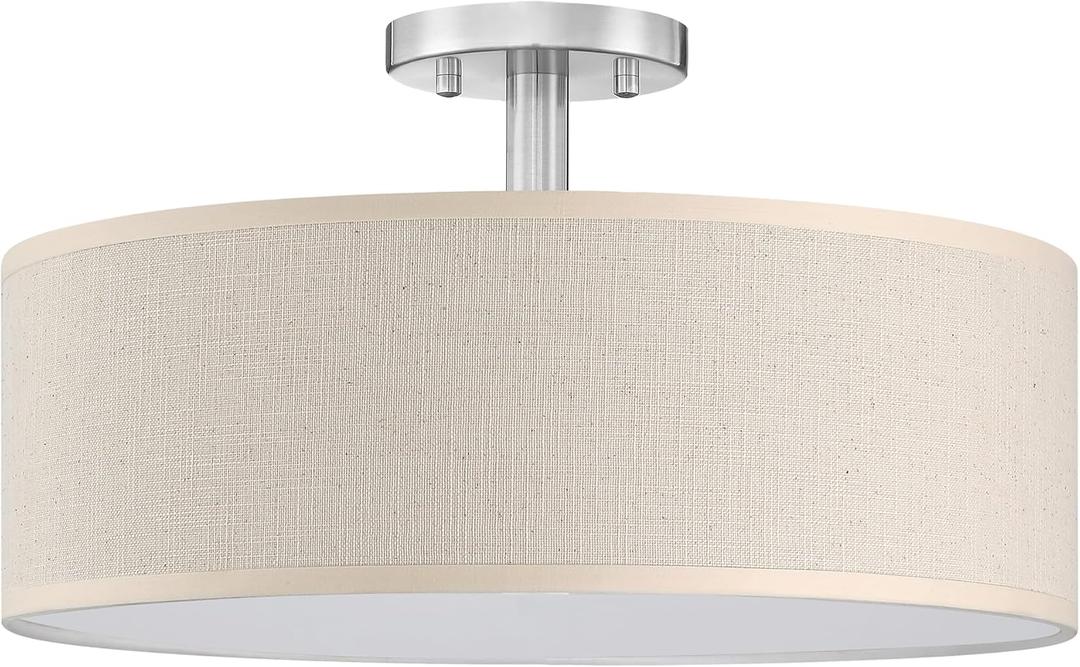 3 Light 15" Off White Fabric Brushed Nickel Farmhouse Semi Flush Mount Light