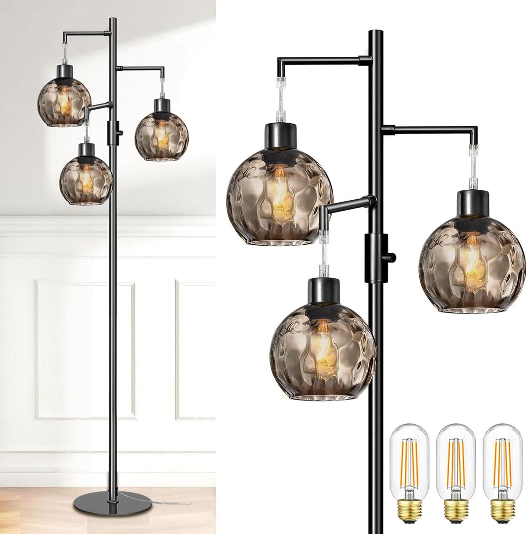 LVYE Modern Floor Lamp for Living Room, Black Standing Lamp with Grey LampShade,Dimmable 3 Lights Tree Tall Lamps for Bedroom, 3 X 6W LED Bulbs Included
