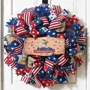 250th Anniversary Patriotic Wreath, 4th of July Wreaths for Front Door with Wooden Eagle Door Sign & Red White Blue Ribbon for Independence Day Memorial Day Patriotic Decorations(18In, 1Pcs)