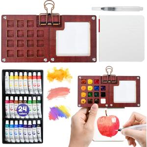 Mini Watercolor Travel Set  24 color Paints, 15 Grids Portable Wooden Travel Palette, Brush, Sketchbook, Metal Clip  Perfect for Artists, Students Ideal for Outdoor Sketching