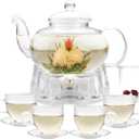 Glass Teapot Set, 34OZ/1000ML Glass Tea Kettle with Loose Tea Infuser & Warmer, 5oz/150ML Tea Cup & Saucer Set of 4, Stovetop & Microwave Safe Tea Maker, Blooming Tea Gift Set For Women