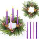 5 PCS Christmas Advent Wreath with Candles Holder Norfolk Pine Red Berries Cedar Snowy Pine Needles Wreath Christmas Advent Candles for Home Fireplace Church Centerpiece Table School Fireplace Decor (Classics-4)