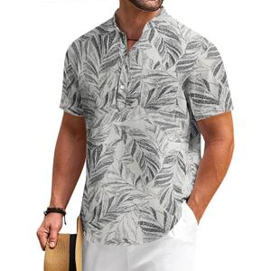 COOFANDY Men's Cotton Linen Henley Shirt Short Sleeve Hippie Casual Beach T-Shirts with Pocket Medium