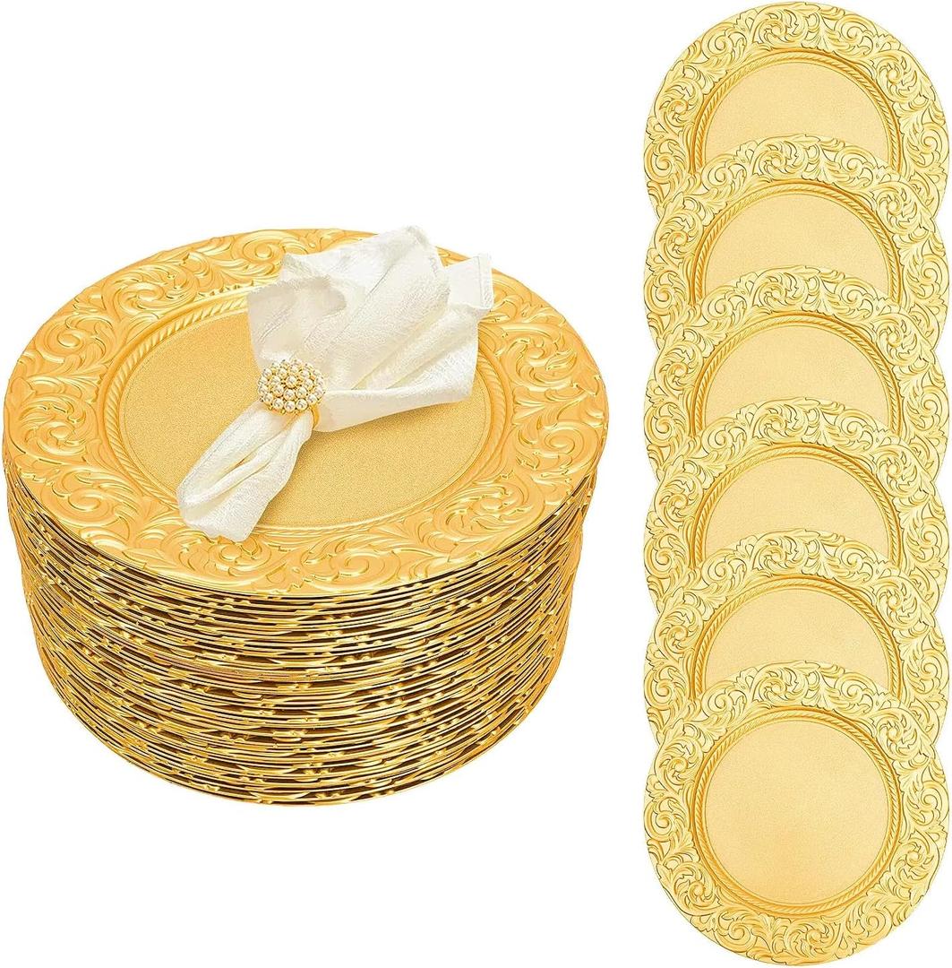 Antique Charger Plates Set, 100 Pcs 13in Plastic Embossed Dinner Plate, Round Phoenix Pattern Elegant Floral Plates for Dinner Wedding Party Event Table Setting Decoration (Gold)