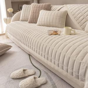vctops Velvet Plush Plaid Quilted Sofa Cover Super Soft Non Slip Sectional Couch Cover Farmhouse Fluffy Fuzzy Sofa Slipcover Furniture Protector for Dogs Cats Pet (Cream,43"x94")