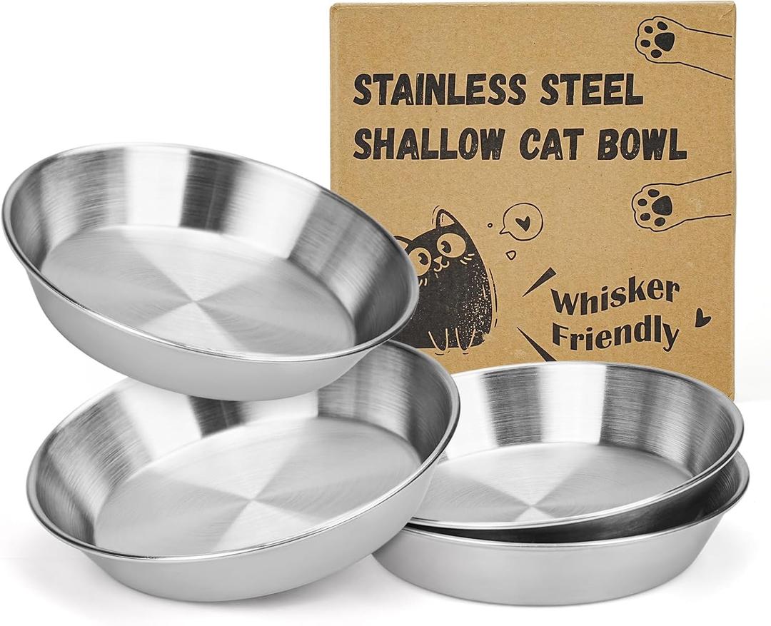 4-Pack Stainless Steel Cat Food Bowls, Shallow Whisker-Friendly Non-Slip Silicone Base Metal Dishes, Easy to Clean Indoor Water Flat Plates for Cat, Kitten, Small Dog (5.9")