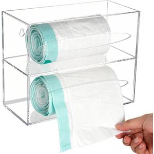 SEANADO Trash Bag Dispenser Roll Holder, 2 Compartment Wall Mount Acrylic Kitchen Double Side Loaded Organizer Storage Box Holder for Garbage and Grocery Bags (10.4 x 5.5 x 11inches)