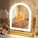 ROLOVE Lighted Makeup Mirror with 3-Color Dimmable Lighting, with Removable 10x Magnifier, Smart Touch Control, 360 Rotation, 15" x 13" Hollywood Vanity Mirror for Tabletop Desk (Gold)
