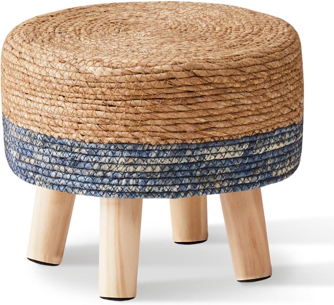Cpintltr Foot Stool Natural Seagrass Hand Weave Poufs Round Ottoman for Couch Desk Soft Step Stool Padded Foot Rest with Non-Skid Pine Legs for Hallway Office Lounge Natural/Blue