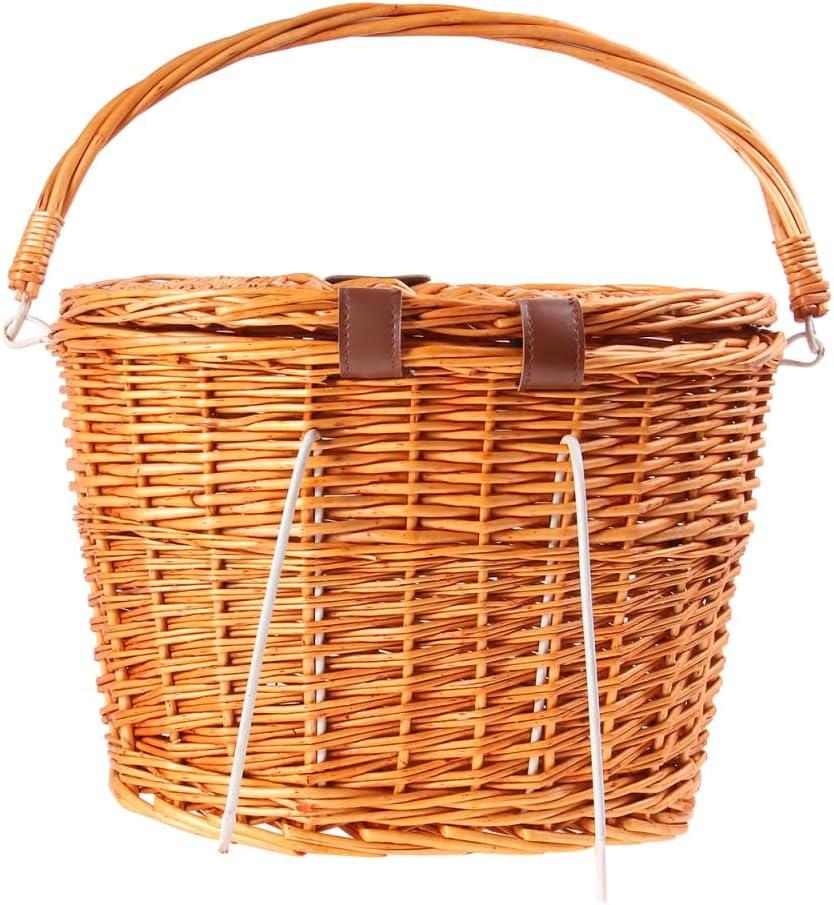 BESPORTBLE Wicker Bicycle Basket with Lid, Handmade Natural Rattan Bike Basket with Removable Shoulder Strap for Picnic Shopping Storage, 12.87 * 9.36 inch