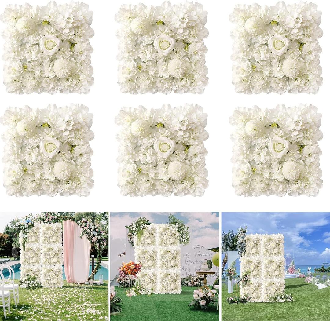 HUATOL 6 Pcs Flower Wall Panels 15 x 15 Inch 3D Silk Rose Floral Wall Decorative Faux Flower Wall Background for Wedding Home Party Background Shop Party Photo Arrangement, White
