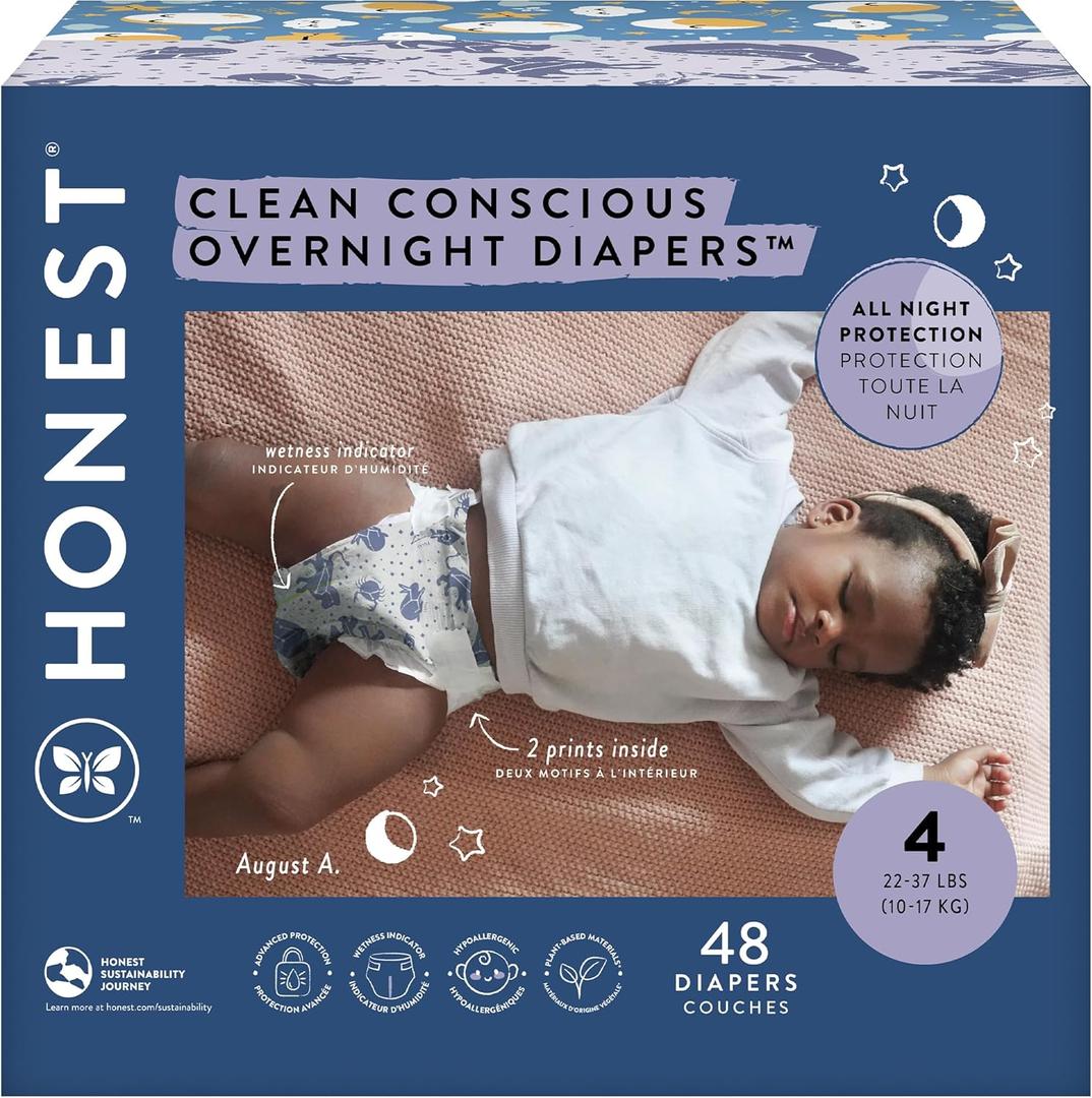 The Honest Company Comfort Dry Disposable Overnight Diapers for Sensitive Skin, Hypoallergenic, Baby Cozy Cloud and Star Signs Design Club Box Size 4 (2237 Lbs) 48 Count
