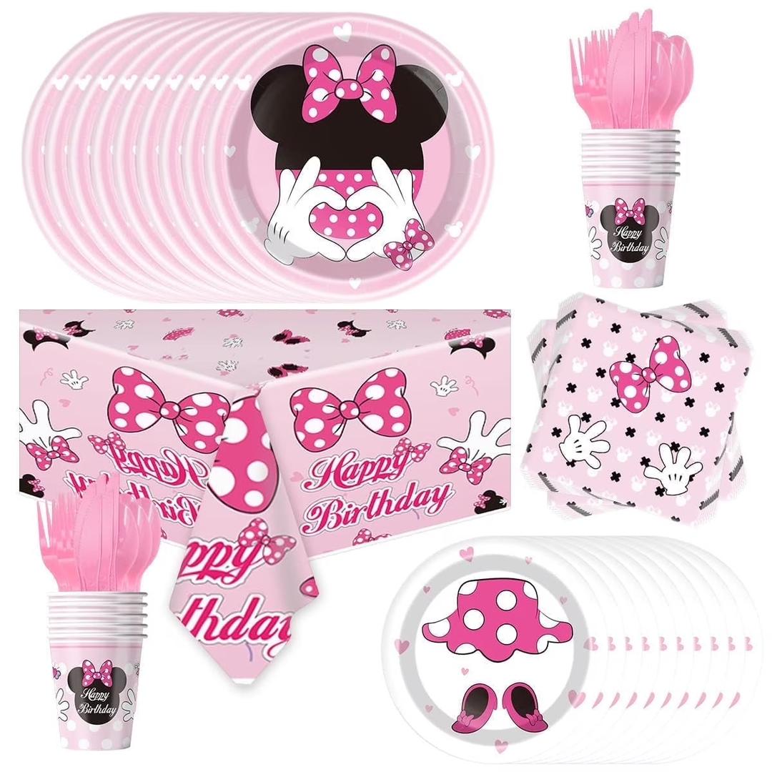 Minnie Mouse Birthday Party Supplies Decorations, Pink and Black Ears Headband Happy Birthday Banner, Glittery Minnie Inspired Cake Cupcake Topper Balloons for Baby Girls 1st 2nd 3rd 4th 5th Birthday