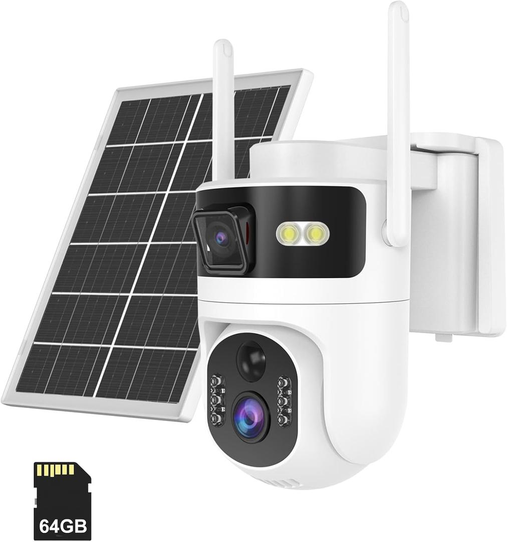 Dual Lens 4G LTE Cellular Security Camera Outdoor Wireless, 365 Day Free Unlimited Data No WiFi Solar Powered Security Camera, 2K 360° Color Night Vision, PIR Motion Detection, Built-in VSIM