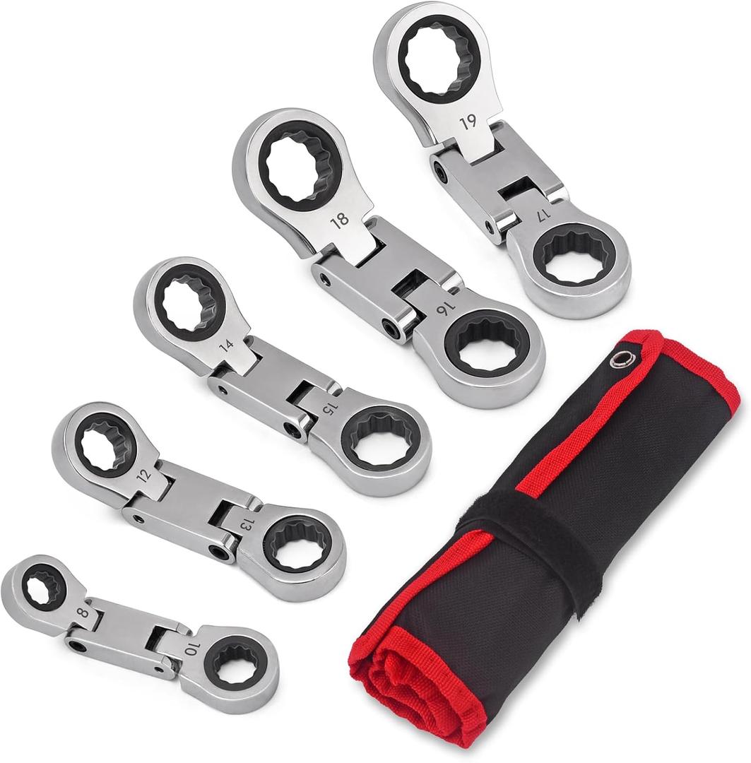 Stubby Wrenches Set, 72-Tooth Flex Head Ratcheting Wrench Set, Compact Double Box End Ratchet Wrench Metric 8-19mm 5 Pieces for Tight Spaces