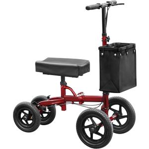 All Terrain Steerable Knee Scooter Deluxe Medical Scooter for Adults for Foot Injuries, Foldable Knee Walker Leg Crutch Alternative, Large Size, Dual Braking System, 12" Pneumatic Front Wheel, Red