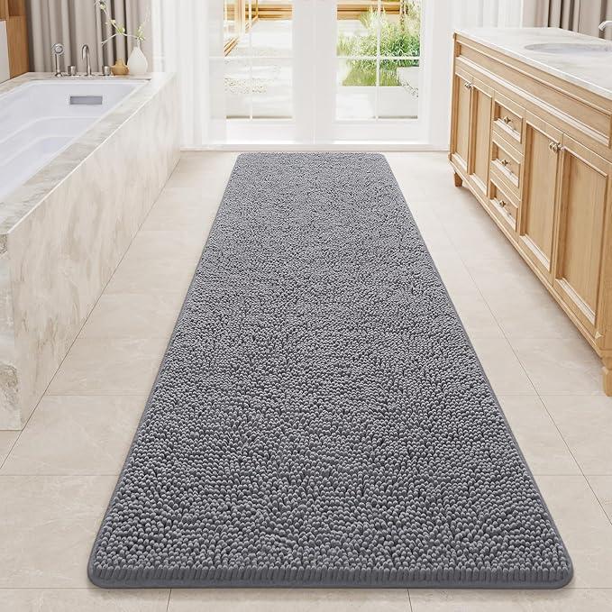 LOCHAS Luxury Bathroom Rug Shaggy Bath Mat 24 x 80 Inch, Washable Non Slip Bath Rugs for Bathroom Shower, Soft Plush Chenille Absorbent Carpets Mats, Denim Blue