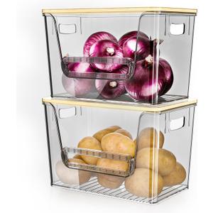 Delamu 2 Set Pantry Organizers and Storage,Trash Bag Dispenser with Bamboo Top,Stackable Trash Bag Dispenser Under Sink Organizer for 4-30 GalBags,Onion,Potato,Fruits,Gray(11.22" L*7" W*7.12" H)