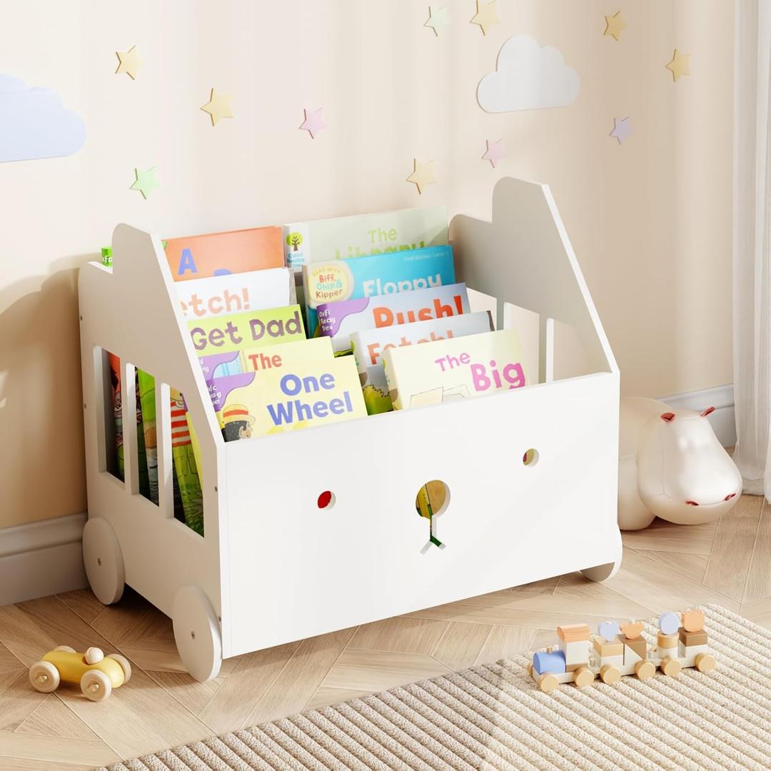 Wooden Kids Bookshelf Bookcase, Toddler Montessori Bookshelf, Nursery Book Shelves with 4 Adjustable Dividers, Book Shelf for Kids Rooms, Nursery, Bedroom, Classroom and Playroom Storage