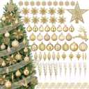 118 Pcs Christmas Tree Ornaments Set Including Ornaments Balls, Hanging Snowflakes Icicle, Mesh Ribbon, Tree Top Star, Flower, Berries Stems for Xmas Trees Holiday Decor(Gold)