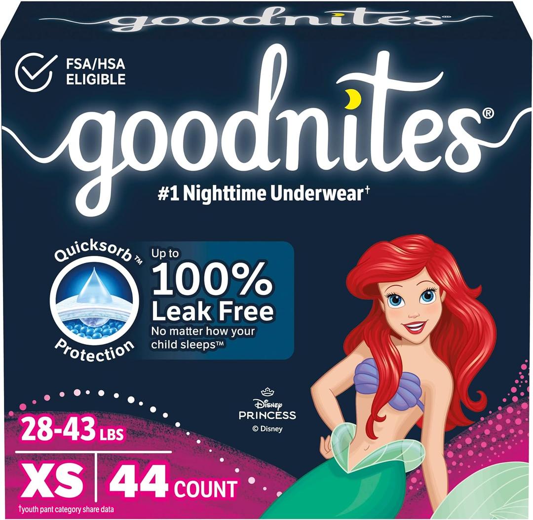 Goodnites Girls' Nighttime Bedwetting Underwear, Size Extra Small (28-43 lbs), 44 Ct (2 Packs of 22)
