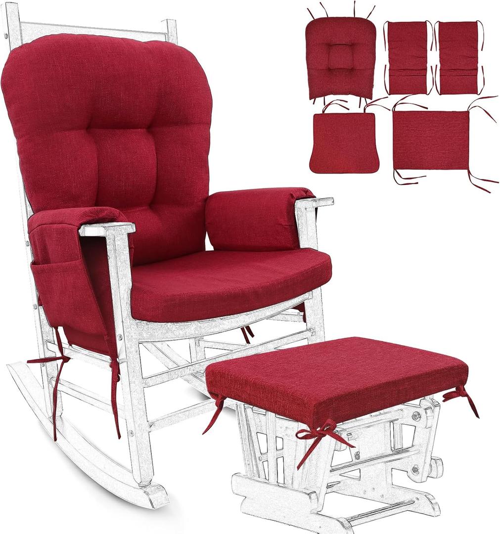 BUYUE Glider Rocker Replacement Cushion 5 PCS with Ties, Linen High-Density Foam Non-Slip & Washable Rocking Chair Pads for Sitting,Red, 5 PCS in a set