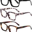 Reading Glasses for Women, Blue Light Blocking stylish high end Oversized Square Computer Readers Spring HingeBlack+Pink+Brown+1.5