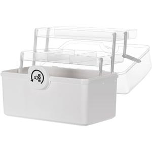 Sooyee Craft Organizers and Storage,Plastic Box with 3-Tier Fold Tray and Handle,Portable Lockable Container for Arts, Crafts,Cosmetic, Sewing, Toy, Washi Tape, Lego,13.4x7.5x8.9 in,Clear/White