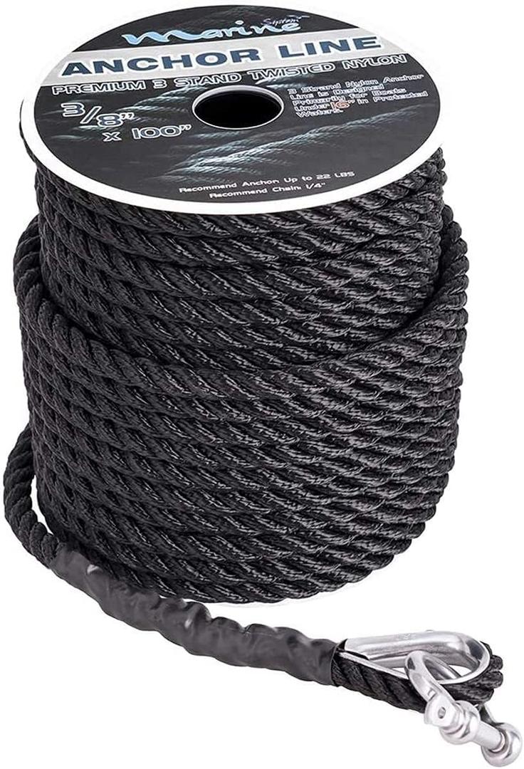 Marine System Made Nylon 3 Strand Anchor/Rigging Line Anchor Rope 3/8 Inch 100FT 150FT Black (3/8" x 150')