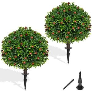 Artificial Olive Topiary Ball Trees with Ground Spike, Set of 2 UV Resistant Artificial Shrubs, Fake Evergreen Artificial Plant Bushes for Indoor Outdoor Front Porch Garden (16IN)