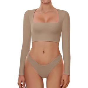 Cyanstyle Women's Sexy Square Neck Crop Tops Double Lined Long Sleeve Y2K Going Out T Shirts L