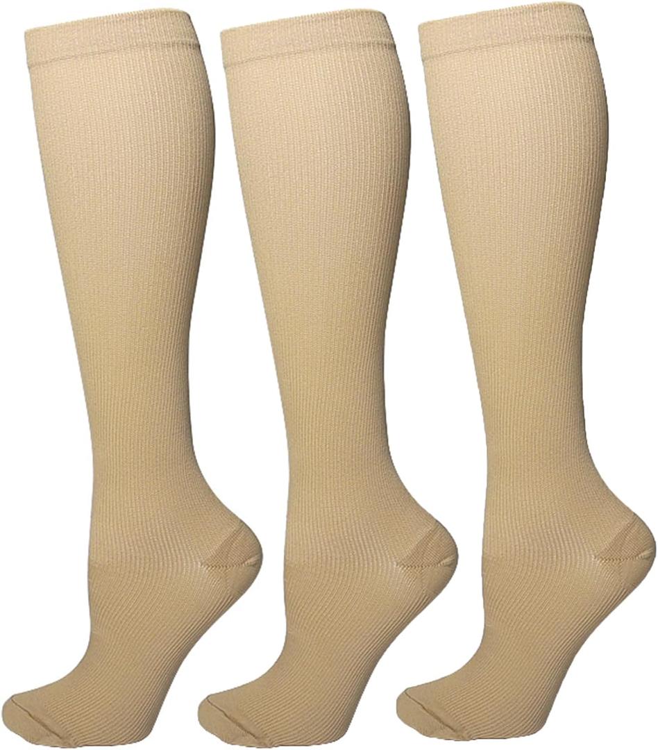 Bestjybt 3 Pairs Compression Socks for Women & Men Circulation 15-20 mmHg Support Socks for Athletic Running Cycling (Large-X-Large, Beige)