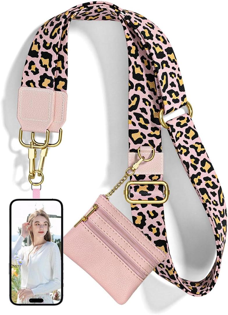 Nipichsha Crossbody Phone Strap with Wallet, Clip and Go Strap for Phone with Wallet, Adjustable Crossbody Cell Belt with Zippered Pouch, Neck Shoulder Cell Lanyard for Women, Pink Leopard