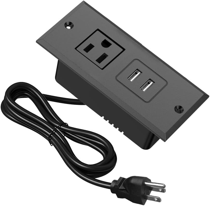 Small Recessed Power Strip Plug Extension Cord Hidden Charging Station with Inset USB Electrical Outlet Extender Flush Mount Surge Protector for Desk Furniture NightStand Under Desk (Black)