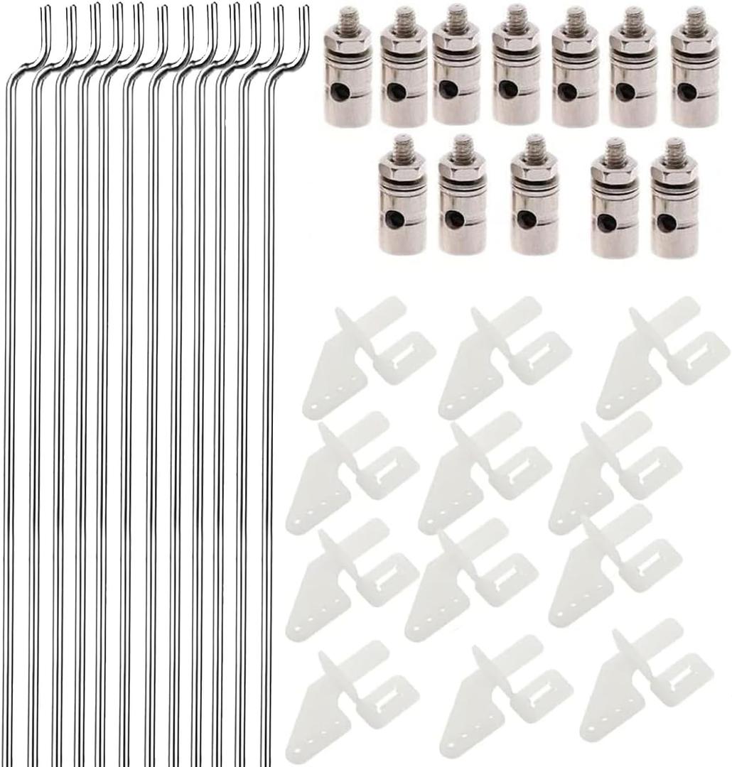 12Pcs Adjustable Pushrod Connector Linkage Stopper 1.8mm + 12Pcs Nylon Control Horns 21x10 mm + 12Pcs 1.5 x 450mm Z Push Rods Parts Compatible for RC Airplane Plane Boat Replacement (12pc)