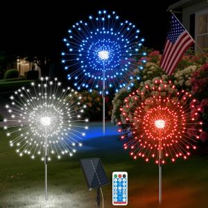 4th of July Decorations Solar Firework Lights, 3 Pcs 180 Led 8 Modes Red White Blue Solar Garden Lights Outdoor Waterproof, Timer Remote Patriotic Light for Independence Day Memorial Day Patio Yard