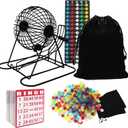 Yuanhe Complete Bingo Game Set - Includes 8" Metal Round Cage with Big Storage Bag,100 Bingo Cards,1000 Colorful Chips,75 Colored Balls and Masterboard, Ideal for Large Groups