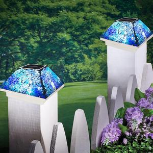 SUNNYPARK 2PK Mosaic Solar Post Cap Lights Outdoor for 4x4, 3.5x3.5 Post Crackled Glass Deck Fence Lamp Weatherproof LED Light Decor in Garden, Yard, Outdoor Table, Balcony, Landscape- Cyan Blue